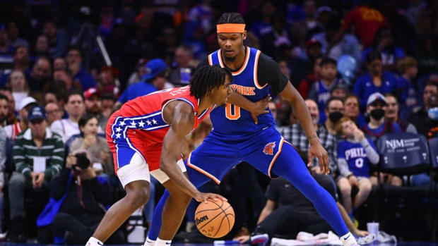 Nov 4, 2022; Philadelphia, Pennsylvania, USA; New York Knicks forward Cam Reddish (0) defends Philadelphia 76ers guard Tyrese Maxey (0) in the second quarter at Wells Fargo Center. Mandatory Credit: Kyle Ross-USA TODAY Sports